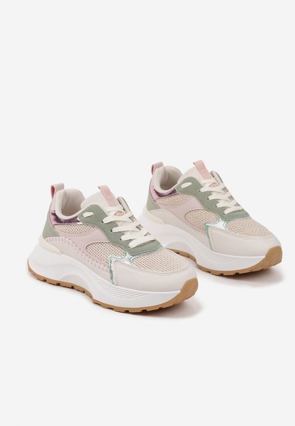 Born2be - Beżowo-Zielone Sneakersy z Metalicznymi Wstawkami Evelsemi. Okazja: na co dzień. Kolor: beżowy. Materiał: jeans
