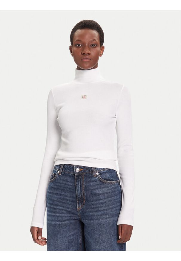 Calvin Klein Jeans Golf LV047D203G Biały Slim Fit. Typ kołnierza: golf. Kolor: biały. Materiał: bawełna