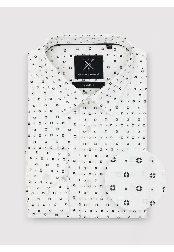 Pako Lorente - PAKO LORENTE – Biała koszula męska w drobny wzór o fasonie Slim Fit. Typ kołnierza: kołnierzyk klasyczny. Kolor: biały. Materiał: bawełna, elastan. Długość rękawa: długi rękaw. Długość: długie. Styl: klasyczny