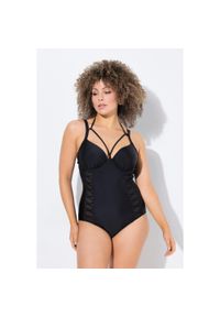 ULLA POPKEN - Damski Strój kąpielowy miękkie miseczki z fiszbinami wiązany z tyłu na szyi. Kolekcja: plus size. Kolor: czarny. Materiał: elastan, poliamid, materiał