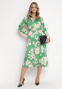 Born2be - Zielona Koszulowa Sukienka na Guziki w Kwiaty Mivy. Kolor: zielony. Materiał: materiał, tkanina. Wzór: kwiaty. Typ sukienki: koszulowe #1