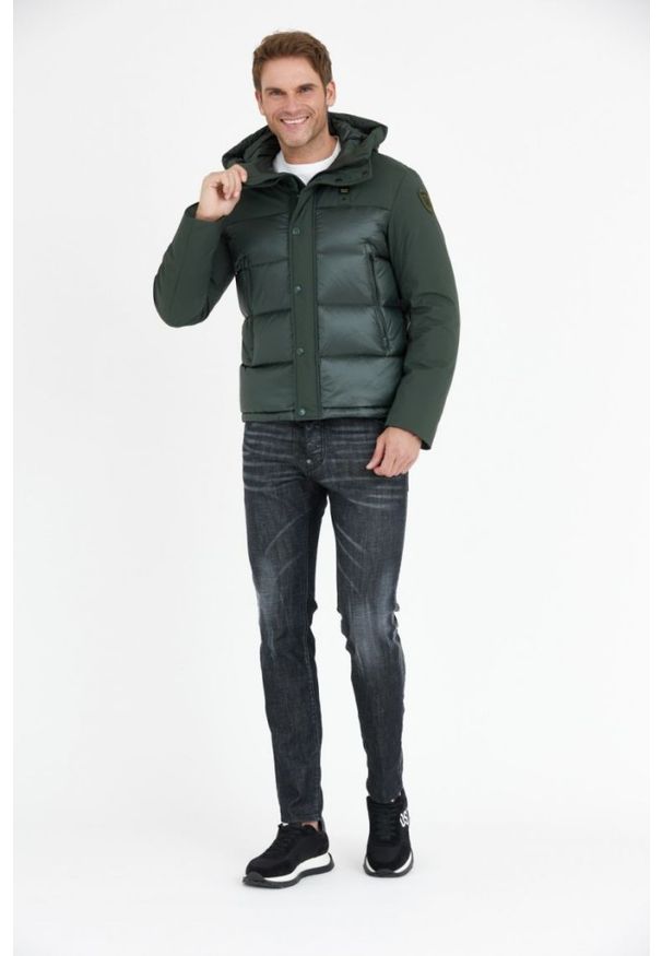 Blauer USA - BLAUER Ciemnozielona puchowa kurtka męska z kapturem, Rozmiar M. Typ kołnierza: kaptur. Kolor: zielony. Materiał: puch
