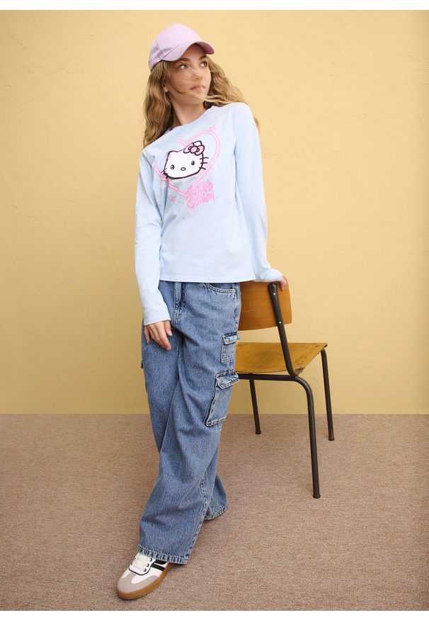 bonprix - Koszulka z długim rękawem z motywem Hello Kitty, z czystej bawełny. Kolor: niebieski. Materiał: bawełna. Długość rękawa: długi rękaw. Długość: długie. Wzór: motyw z bajki