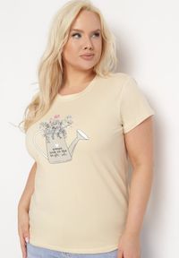 Born2be - Beżowy Bawełniany T-shirt z Ozdobnym Nadrukiem Littana. Okazja: na co dzień. Kolor: beżowy. Materiał: bawełna. Wzór: nadruk. Sezon: wiosna, lato. Styl: casual, klasyczny #5