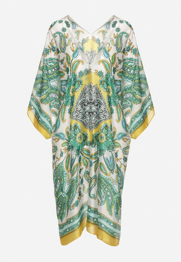 Born2be - Żółte Lekkie Ponczo Narzutka z Jedwabiu i Wiskozy w Ornamentalny Wzór Azendia. Okazja: na plażę, na co dzień, na spacer. Typ kołnierza: dekolt w kształcie V. Kolor: żółty. Materiał: wiskoza, jedwab. Wzór: aplikacja. Sezon: lato. Styl: casual, klasyczny