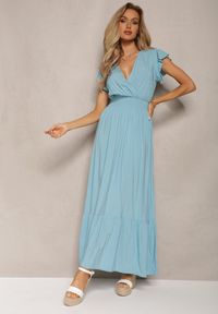 Renee - Jasnoniebieska Rozkloszowana Sukienka Maxi z Bawełny o Kopertowym Kroju Asmerie. Kolor: niebieski. Materiał: bawełna. Sezon: lato. Typ sukienki: kopertowe. Długość: maxi