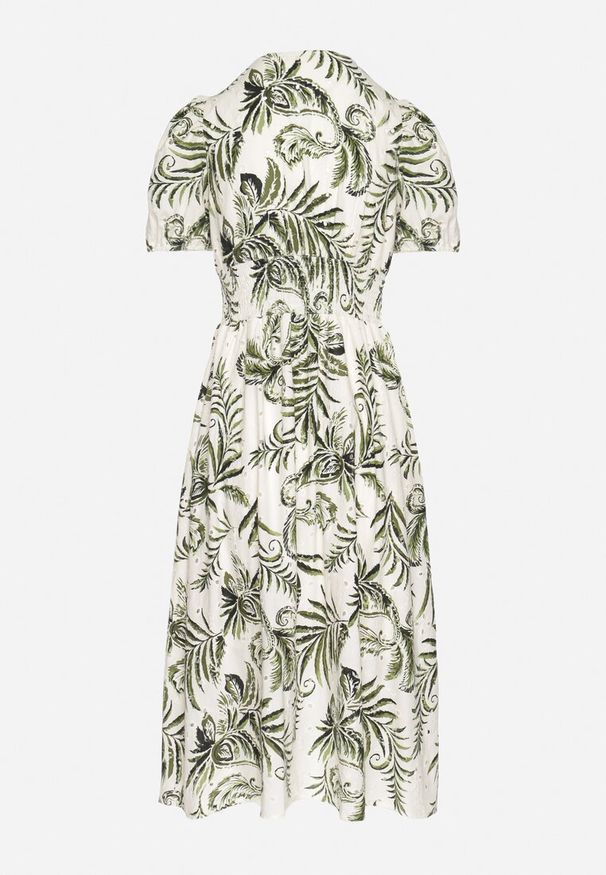 Born2be - Zielona Rozkloszowana Sukienka z Dekoltem w Serek Zdobiona Roślinnym Wzorem Evilirae. Okazja: na spotkanie biznesowe, do pracy, na co dzień. Typ kołnierza: dekolt w serek. Kolor: zielony. Wzór: aplikacja. Styl: casual, biznesowy