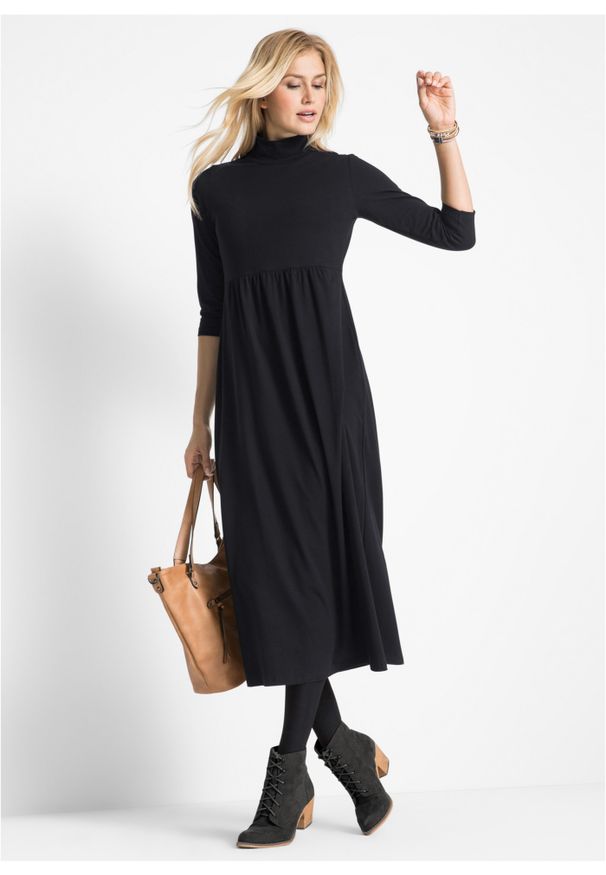 bonprix - Sukienka shirtowa midi, rękawy 3/4. Typ kołnierza: golf. Kolor: czarny. Długość: midi