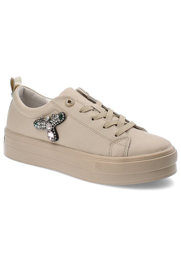 Beżowe Sneakersy Filippo Modne Obuwie Damskie. Okazja: na co dzień. Kolor: beżowy. Materiał: guma, jeans, materiał, skóra. Wzór: aplikacja
