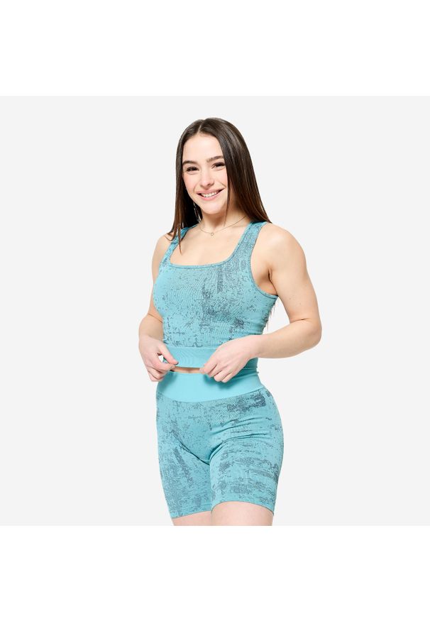 DOMYOS - Koszulka fitness damska Domyos crop top. Kolor: szary, niebieski, wielokolorowy. Materiał: poliamid, elastan, poliester, materiał. Sport: fitness