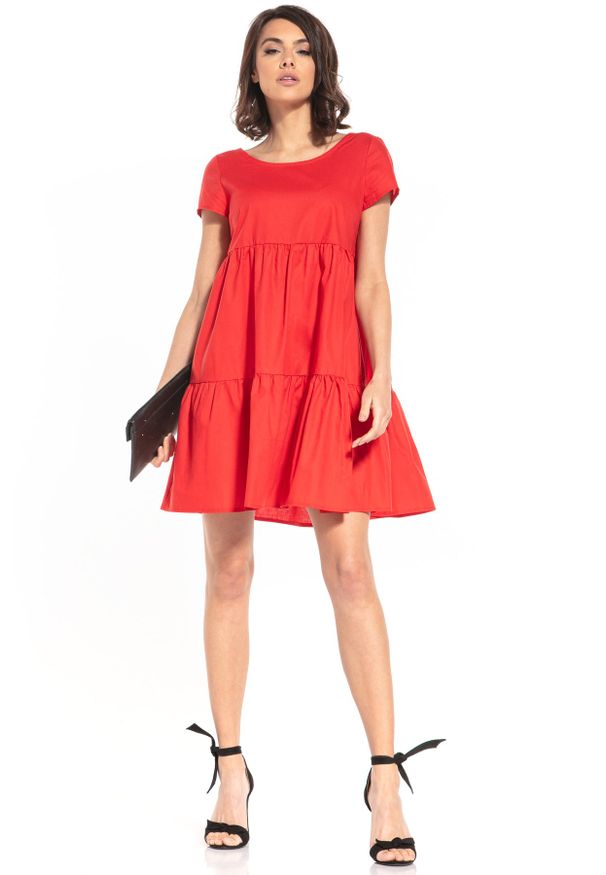 Tessita - Bawełniana Mini Sukienka z Owalnym Dekoltem - Czerwona. Kolor: czerwony. Materiał: bawełna. Długość: mini