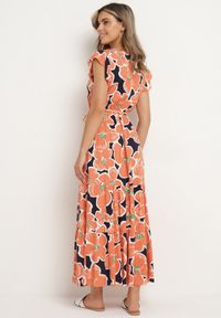 Born2be - Pomarańczowa Wiskozowa Sukienka w Kwiaty z Gumką w Pasie z Ozdobnym Paskiem Vikellie. Okazja: na co dzień. Typ kołnierza: dekolt w kształcie V. Kolor: pomarańczowy. Materiał: wiskoza. Długość rękawa: krótki rękaw. Wzór: kwiaty. Typ sukienki: proste. Styl: casual #2