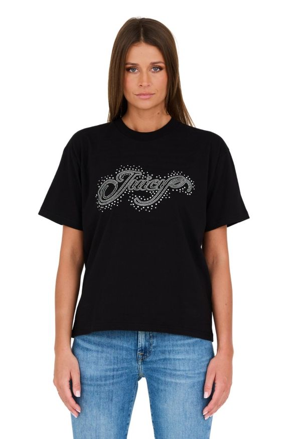 Juicy Couture - JUICY COUTURE Czarny damski t-shirt Boyfriend Scatter Diamante, Rozmiar S. Kolor: czarny