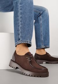 Renee - Brązowe Półbuty Mokasyny w Stylu Boat Shoes ze Sznurowaniem Balmitar. Kolor: brązowy. Materiał: jeans #5