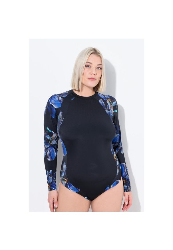 ULLA POPKEN - Damski Kostium kąpielowy UPF 50+ bez miękkich miseczek stójka. Kolekcja: plus size. Kolor: czarny. Materiał: poliester, poliamid, materiał, elastan