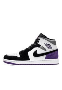 Jordan - Buty do chodzenia męskie Nike Buty Męskie 1 Mid SE. Wysokość cholewki: za kostkę. Zapięcie: sznurówki. Kolor: biały, fioletowy, wielokolorowy. Materiał: guma, syntetyk, materiał. Szerokość cholewki: normalna. Sport: turystyka piesza