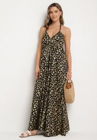 Born2be - Czarna Sukienka z Wiskozy z Odkrytymi Plecami i Metalicznym Nadrukiem w Panterkę Linadea. Typ kołnierza: dekolt w serek. Kolor: czarny. Materiał: wiskoza. Wzór: motyw zwierzęcy, nadruk. Typ sukienki: rozkloszowane #7