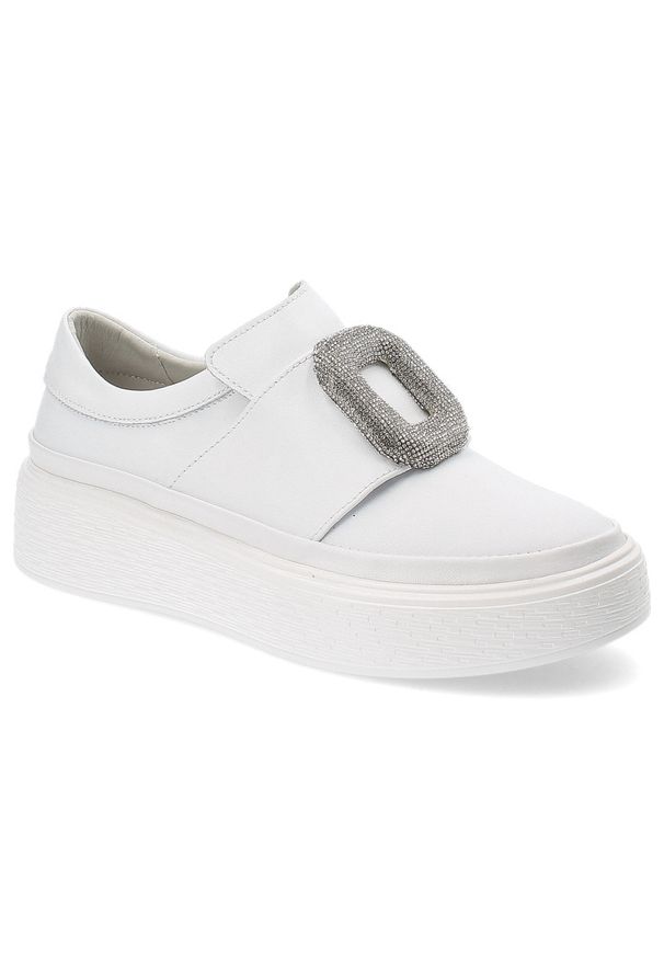 Białe Sneakersy Artiker Modne Wsuwane Obuwie Damskie. Okazja: na co dzień. Zapięcie: bez zapięcia. Kolor: biały. Materiał: guma, skóra. Wzór: aplikacja