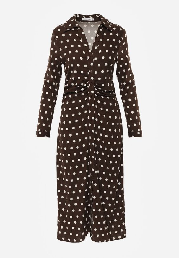 Renee - Brązowa Koszulowa Sukienka z Wiskozy z Dodatkiem Lnu z Drapowaną Talią Edrilith. Okazja: na co dzień. Kolor: brązowy. Materiał: wiskoza, len. Typ sukienki: koszulowe. Styl: casual, elegancki