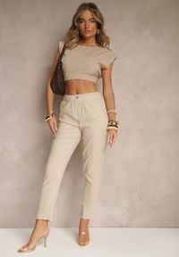 Renee - Jasnobeżowe Casualowe Spodnie z Lnem z Gumką w Pasie Filanisse. Okazja: na co dzień. Kolor: beżowy. Materiał: len. Styl: casual #4
