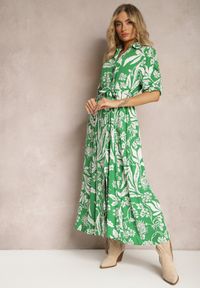 Renee - Zielono-Biała Sukienka o Długim Koszulowym Fasonie z Wzorem w Kwiaty Seraplle. Kolor: zielony. Wzór: kwiaty. Sezon: wiosna. Typ sukienki: koszulowe. Styl: wakacyjny #3