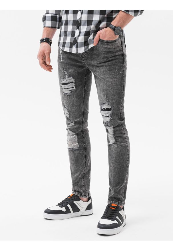 Ombre Clothing - Spodnie męskie jeansowe z dziurami SLIM FIT - szare V2 P1065 - XXL. Kolor: szary. Materiał: jeans