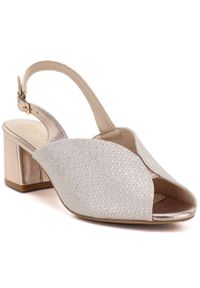 Sandały damskie na obcasie złote Sergio Leone SK471. Kolor: złoty. Materiał: skóra ekologiczna. Obcas: na obcasie. Styl: elegancki. Wysokość obcasa: średni #1