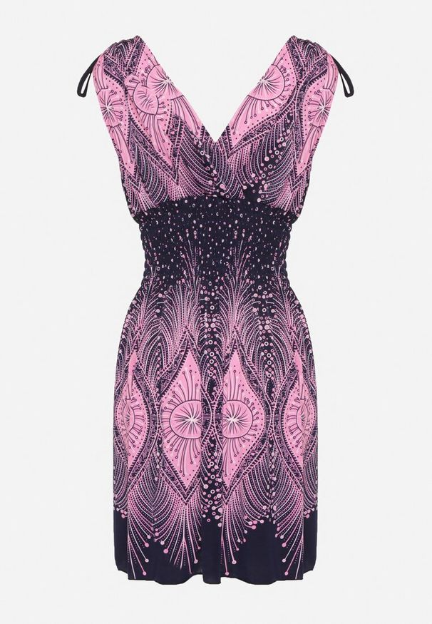 Born2be - Różowa Sukienka Rozkloszowana ze Ściągaczami przy Ramionach w Abstrakcyjny Wzór Filinea. Okazja: na imprezę, na co dzień. Typ kołnierza: dekolt w kształcie V. Kolor: różowy. Materiał: jeans. Typ sukienki: rozkloszowane, proste. Styl: klasyczny, casual, elegancki