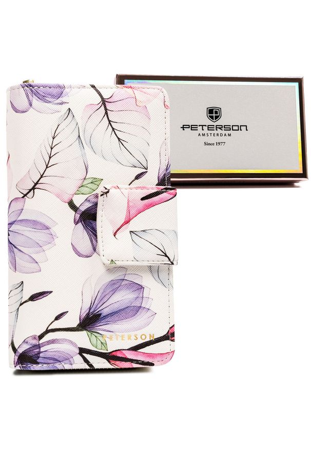 Portfel w kwiaty Peterson PTN 76116-F8 biały. Kolor: biały. Wzór: kwiaty. Materiał: skórzane