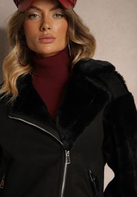 Renee - Czarna Ocieplona Kurtka Biker z Futerkiem i Asymetrycznym Zapięciem Lioyana. Okazja: na co dzień, na imprezę. Kolor: czarny. Materiał: futro. Styl: casual, elegancki #4