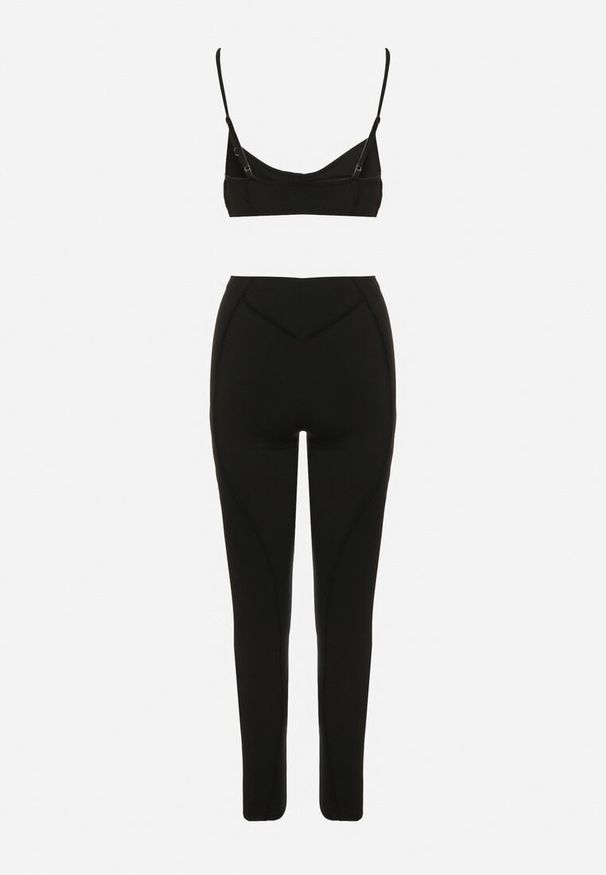 Born2be - Czarny Komplet Sportowy z Ozdobnymi Przeszyciami Legginsy i Top na Ramiączkach Filinella. Kolor: czarny. Materiał: skóra