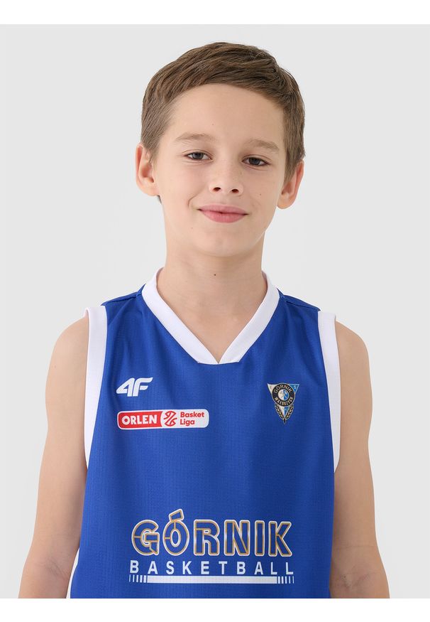 4f - 4F Koszulka meczowa replika wyjazdowa z sezonu 2024/25 dziecięca 4F x PLK - Górnik Wałbrzych 110/116. Typ kołnierza: dekolt w serek. Kolor: wielokolorowy. Materiał: włókno, dzianina, materiał, syntetyk. Wzór: gładki, nadruk, ze splotem. Sezon: lato. Sport: koszykówka, fitness