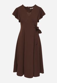 Born2be - Brązowa Rozkloszowana Sukienka Kopertowa z Wiązaniem w Talii Dannila. Kolor: brązowy. Wzór: aplikacja. Typ sukienki: kopertowe #3