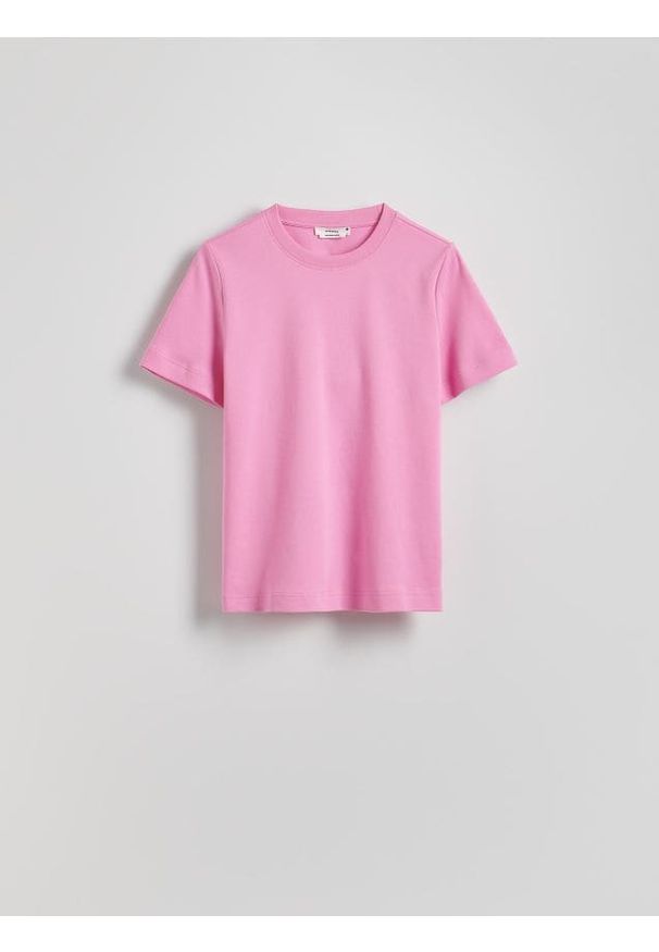 Reserved - T-shirt regular z merceryzowanej bawełny - pastelowy róż. Kolor: różowy. Materiał: bawełna