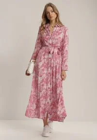 Renee - Ciemnoróżowa Sukienka Silelphise. Kolor: różowy. Materiał: materiał. Długość rękawa: długi rękaw. Typ sukienki: koszulowe. Długość: maxi