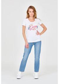 Guess - GUESS Damski biały t-shirt ze zdobionym logo, Rozmiar S. Kolor: biały. Materiał: bawełna. Wzór: aplikacja #2