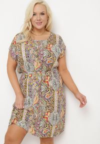 Born2be - Szaro-Beżowa Wiskozowa Sukienka w Stylu Boho o Pudełkowym Kroju z Materiałowym Paskiem Neteri. Okazja: na co dzień. Kolor: szary. Materiał: materiał, wiskoza. Styl: boho #4