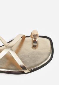 Renee - Złote Sandały Typu Japonki Ozdobione Metaliczną Aplikacją Grynyra. Kolor: złoty. Wzór: aplikacja. Sezon: lato #9