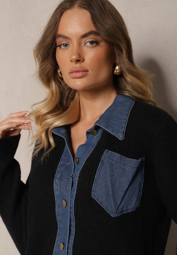 Renee - Czarny Rozpinany Kardigan z Wełną Bawełną i Jeansowymi Wstawkami Edelissa. Okazja: na co dzień. Kolor: czarny. Materiał: bawełna, jeans, wełna. Styl: elegancki, casual