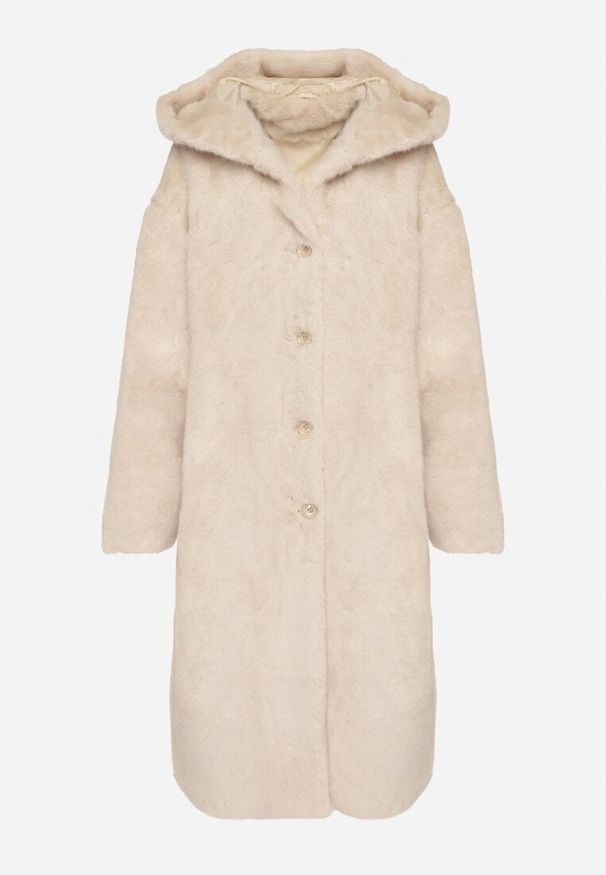 Born2be - Beżowy Płaszcz Pluszowy z Kapturem Zereta. Okazja: na imprezę, na co dzień. Typ kołnierza: kaptur. Kolor: beżowy. Materiał: jeans. Długość rękawa: długi rękaw. Długość: długie. Sezon: wiosna, jesień. Styl: casual, elegancki