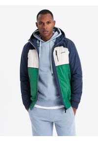 Ombre Clothing - Lekka kolorowa kurtka sportowa męska z polarem – zielono-granatowa V20 - Rozmiar: M. Typ kołnierza: kołnierzyk stójkowy. Kolor: zielony. Materiał: polar. Wzór: kolorowy. Styl: sportowy