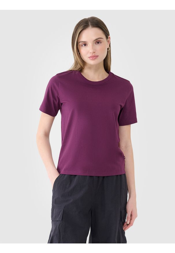 4f - 4F T-shirt regular gładki damski - fioletowy L. Okazja: na co dzień. Kolor: fioletowy. Materiał: bawełna, jersey, dzianina. Długość rękawa: krótki rękaw. Długość: krótkie. Wzór: gładki. Sezon: lato. Styl: sportowy, klasyczny, casual