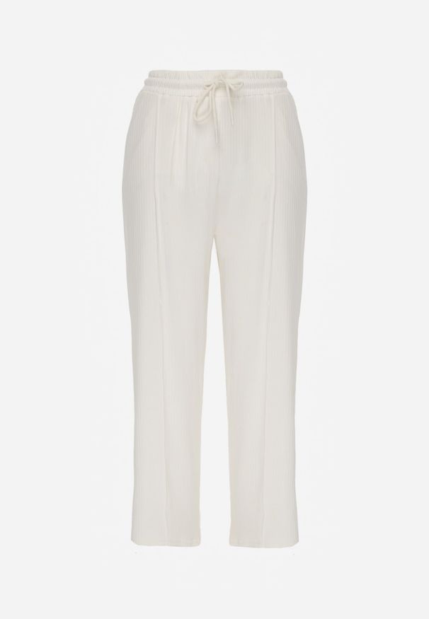 Renee - Jasnobeżowe Prążkowane Spodnie High Waist z Szerokimi Nogawkami Ginorria. Stan: podwyższony. Kolor: beżowy. Materiał: prążkowany. Długość: krótkie. Sezon: lato