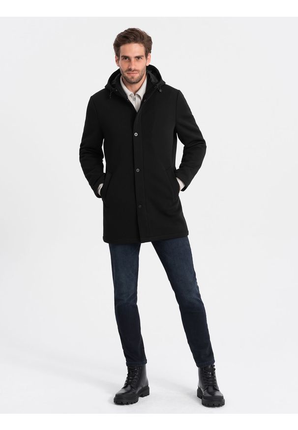 Ombre Clothing - Męski ocieplany płaszcz z kapturem i krytym zamkiem - czarny V1. Typ kołnierza: kaptur. Kolor: czarny. Materiał: tkanina, poliester