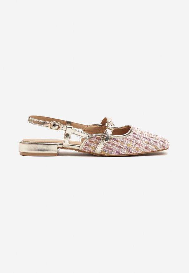 Renee - Różowo-Złote Tweedowe Sandały Typu Slingback Ellimirae. Okazja: na spacer, na spotkanie biznesowe. Zapięcie: sprzączka. Kolor: różowy. Sezon: lato. Styl: klasyczny, elegancki, biznesowy