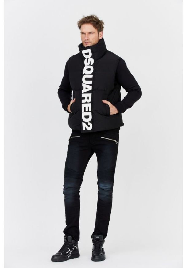 DSQUARED2 Czarny męski puchowy bezrękawnik z dużym logo, Rozmiar 52. Kolor: czarny. Materiał: puch. Długość rękawa: bez rękawów