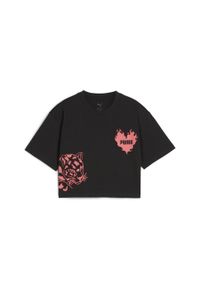 Puma - Młodzieżowa koszulka Essentials o krótkiej długości z grafiką PUMA Black. Kolor: czarny. Materiał: guma, prążkowany. Długość: krótkie
