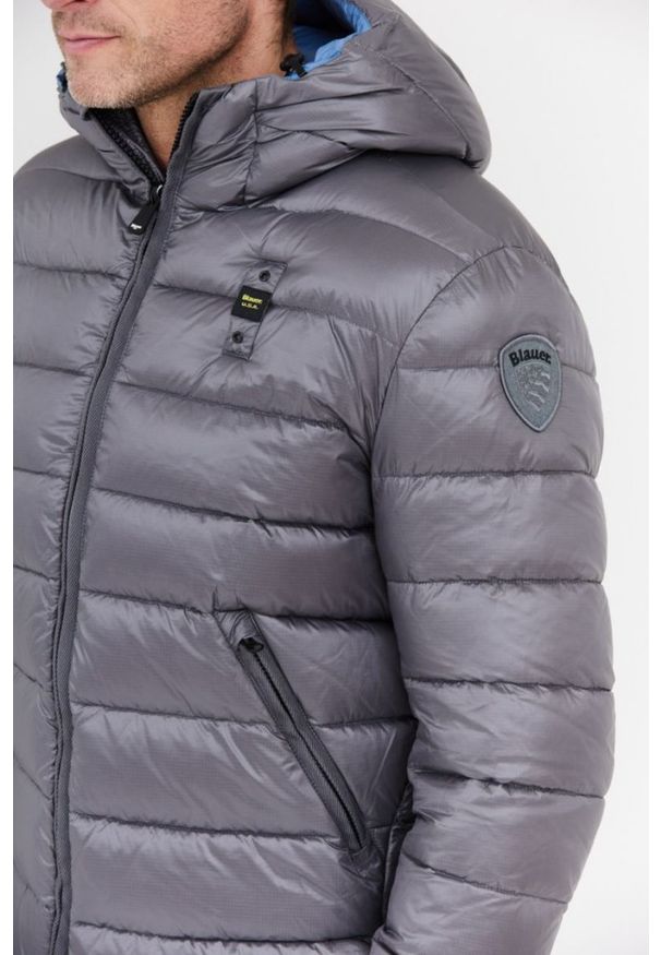 Blauer USA - BLAUER Szara puchowa kurtka męska Virgil z kapturem, Rozmiar XXL. Typ kołnierza: kaptur. Kolor: szary. Materiał: puch