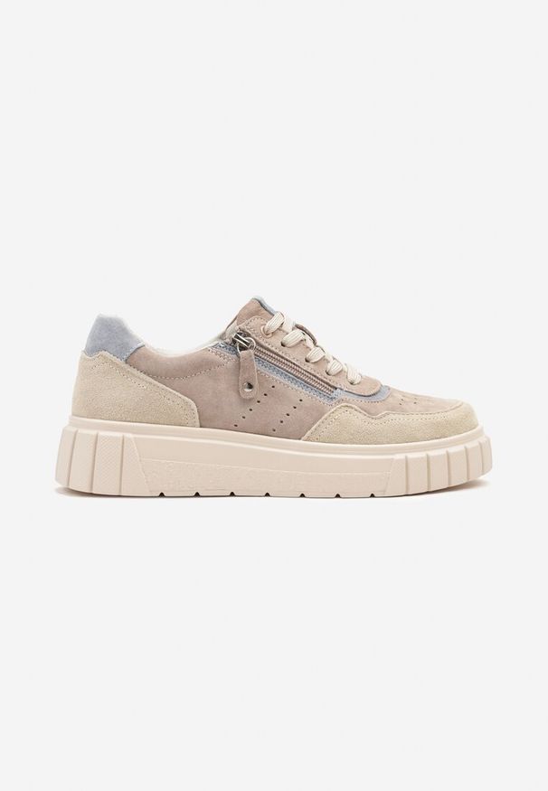 Renee - Ciemnobeżowe Sneakersy ze Skóry Naturalnej z Ozdobnym Suwakiem Tilliraya. Okazja: na co dzień. Kolor: beżowy. Materiał: skóra. Wzór: aplikacja