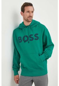 BOSS Orange - BOSS bluza bawełniana BOSS ORANGE męska kolor zielony z kapturem z nadrukiem. Typ kołnierza: kaptur. Kolor: zielony. Materiał: bawełna. Wzór: nadruk #5